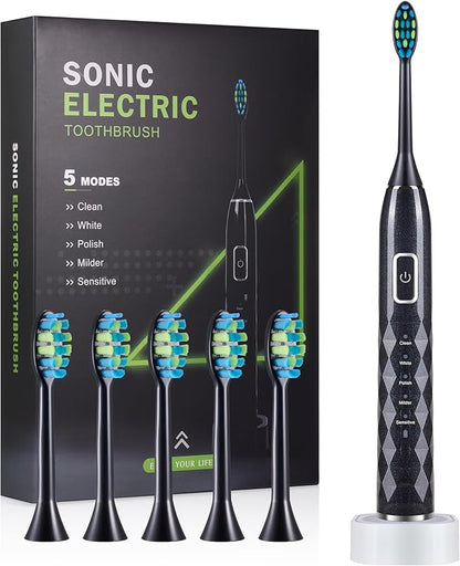 ZUAMEGU Sonic Electric Toothbrush for Adults - Deep Cleaning Teeth Whitening6 Replacement Brush Heads100-Day Battery5 Modes w/SensitiveIPX7 Waterproof (Color Options)
