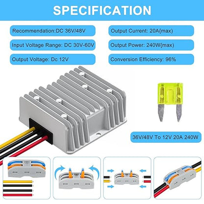 SUPERNIGHT 48V 36V to 12V Voltage Converter 240W 20A Regulator Step Down to 12V DC- DC Convert Reducer with Fuse Waterproof Power Supply Transformer Module for Golf Cart Scooters