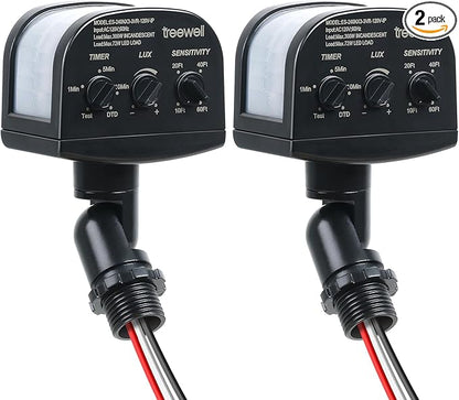 TREEWELL 2 Pack 240-Degree Replacement Motion Sensor, Adjustable LUX(5-300) & Time & Detection Sensitivity Up to 60 Feet Range, 3 Working Modes Outdoor Motion Detector for Security Floodlight, Black