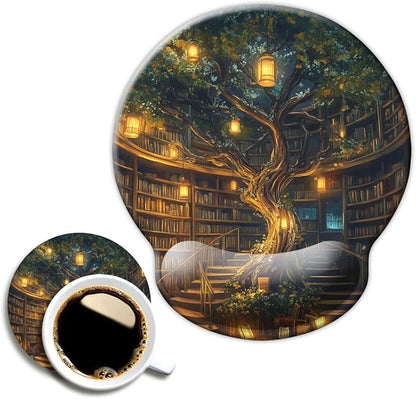 Ergonomic Mouse Pad with Wrist Support,Mouse Pad with Wrist Rest,Relieve Wrist Pain Mousepad Non-Slip Rubber Base,Mouse Pads for Desk,Computers,Laptop,Office,Home,Accessories Library Tree