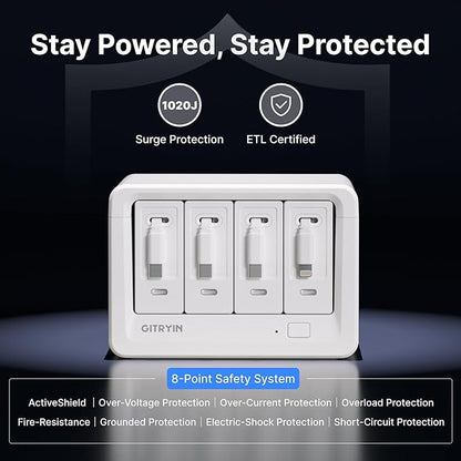 12-in-1 Desktop Charging Station with 3 Retractable Type-C Chargers and 1 Lightning Charger, 40W USB-C Power Strip with 31.5in Cable, Extension Cord with 1020J Surge Protection for Home Office
