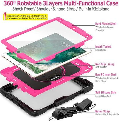 SEYMAC stock Case for iPad Air 3 2019 / Pro 10.5'' with Screen Protector Pen Holder [360° Rotate Hand Strap/Stand], Drop-Proof Case (Rose+Black)