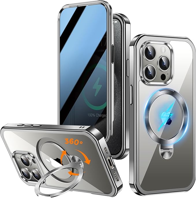 [360° Rotatable CD Stand & Built-in Privacy Screen Magnetic Case for iPhone 15 Pro [Compatible with MagSafe & Full Signal] Mil-Grade Shockproof Full Body Anti-Spy Cover for 15 Pro-Gray