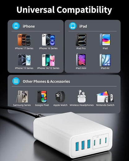 USB C Fast Charger, 105W GaN 6-Port Desktop USB Charging Station Hub, USB C Charger Block Wall Charger for iPhone 17/16/15/14/13/12/11, iPad, Samsung and More (Cable Organizer Included)