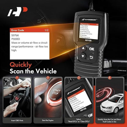 A-Premium AD100 Universal OBD2 Scanner Diagnostic Tool, Car Code Reader OBDII/EOBD/CAN Scan Tool, Check Engine Light/Read Clear Fault Codes/Smog Check/Live Data Stream/Battery Test, For Car Since 1996