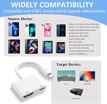 Kinhaly USB C to HDMI for TV, 4K@60Hz Type C to HDMI Adapter with Charging Port, iPhone to Hdmi to USB C Adapter Compatible for iPhone 16/15 Series/iPad Pro/Galaxy/MacBook Pro to HDTV Projector