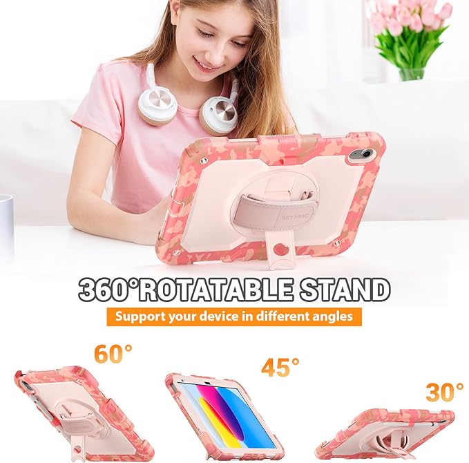 SEYMAC for iPad (A16) 11th/10th Generation 2025/2022 (11″/10.9″), Heavy Duty Full-Body Shockproof Protective Case with Screen Protector, Rotating Stand, Hand/Shoulder Strap, Multicolor/Pink
