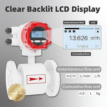 Electromagnetic Flow Meter,High-Precision Industrial Flowmeter Digital Display IP65 Protection 4-20mA Output Pipe Sensor for Wastewater, Sewage, and Seawater（DN100)