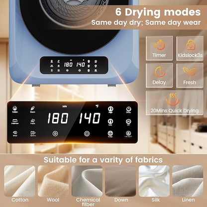 VCJ Portable Dryer for Laundry, 12lbs Clothes Dryer with 6 Drying Modes & 8H Timer, LED Display 850W Front Load Compact Electric Dryer for Apartment, RVs, Dorms