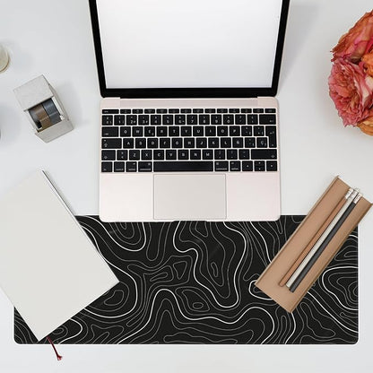 Eflxamz Desk Mat,Black Topographic Contour Map Desk Pad,Topographic Contour Large Gaming Mouse Pad for Desk,Extended Big Computer Keyboard Mouse Pad with Non-Slip Base and Stitched Edge,31.5"x11.8"