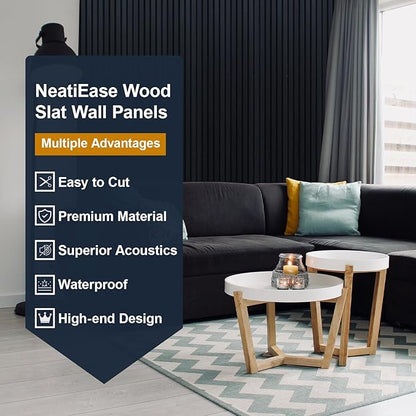 NeatiEase Wood Slat Wall Panels, 4-Piece 96" x 12.6", Soundproof & Noise Cancelling, Acoustic Wall Panels (Black)