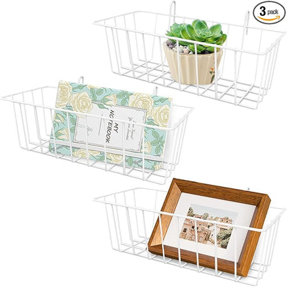 3PCS Wire Baskets,Metal Wire Storage Basket,Wall Hanging Bin and Display Basket for Kitchen,Cabinet,Pantry,Bathroom,Home Decor Supplies,Potted Plants,White
