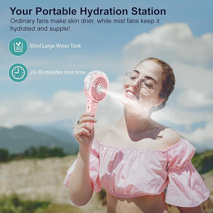 HandFan 4000mAh Handheld Misting Fan, 50ml Water Tank, Rechargeable Personal Mister Fan Portable AC, Spray Water Mist Fans, Foldable Cooling Ice Fans for Beach Travel Outdoors(Pink)