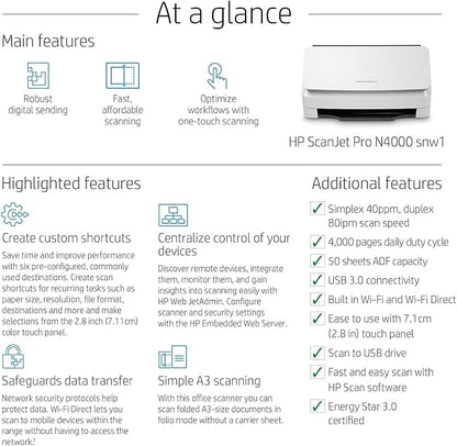 HP ScanJet Pro N4000 snw1 (6FW08A) 40ppm Wi-Fi/USB Color Duplex Scanner with Control Panel for Documents, Photos, Receipts, and Cards. Twain/ISIS Drivers Included