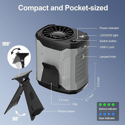 FlarePoint Portable 4-in-1 Waist/Neck/Desk Fan with Phone Stand & LED Light | 10000RPM Ultra-Fast Cooling, 4-Speed Rechargeable Battery | Lightweight for Indoor, Outdoor, Camping, Makeup(Grey)