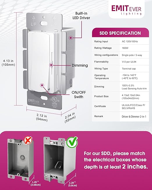 Dimmer Light Switch & 24V 160W Dimmable LED Driver 2 in 1, UL Listed Single-Pole or 3-Way Slide Dimmer Switches for Led Strip Lights,120VAC to 24VDC Power Supply for Low Voltage Project, Glossy White