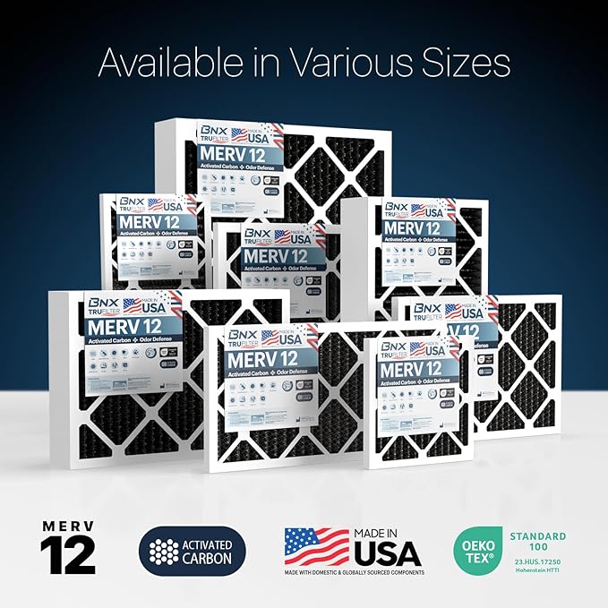 BNX TruFilter 14x20x1 MERV 12 Odor Defense (6-Pack) AC Furnace Air Filter with Activated Carbon - MADE IN USA - Pleated Air Conditioner HVAC AC Furnace Filters - Removes Odor, Mold, Bacteria, Smoke