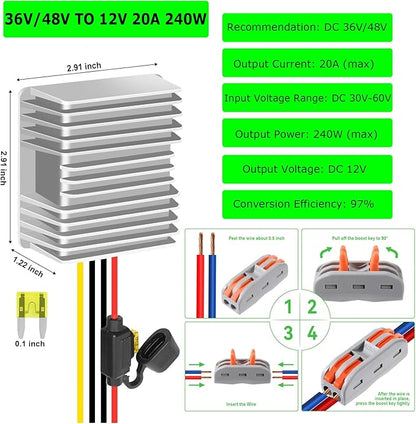 EAGWELL 48V to 12V DC Converter 20A 240W Waterproof Voltage Regulator - Step Down Power Converter for Golf Cart, RV, Truck, Boat - with Fuse Protection (36V/48V Input, 12V Output)