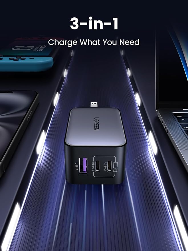 UGREEN 65W USB C Charger Block, Nexode 3-Port GaN Fast Type C Charger, Compact Foldable Power Adapter for MacBook Pro/Air, Dell XPS, iPhone 16/15, iPad Pro, Galaxy S25, (Black)