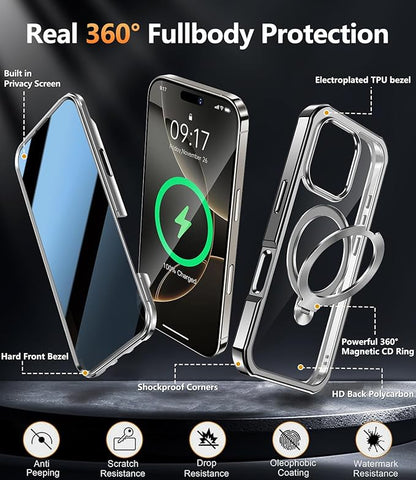 [360° Rotatable CD Stand & Built-in Privacy Screen Magnetic Case for iPhone 16 Pro [Compatible with MagSafe & Full Signal] Mil-Grade Shockproof Full Body Anti-Spy Cover for 16 Pro-Gray