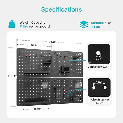 PEGZONE Pegboard Wall Organizer Combination Kit,Overall 33.1"x25.4" Metal Office Pegboard with 21 Accessories, Wall Mounted Peg board Display Panels for Home, Gaming Room, Garage (4Pcs,Black)