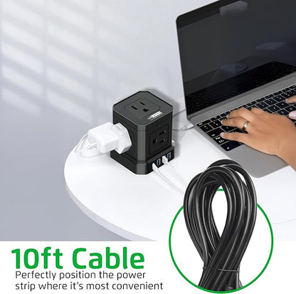 Cube Power Strips with Surge Protection, 10ft Extension Cord with Multiple Outlets, 5 AC Plugs, 3 USB, 1 Usbc Fast Charging Power Strip with USB Ports, Mountable On/Off Switch Charging Station
