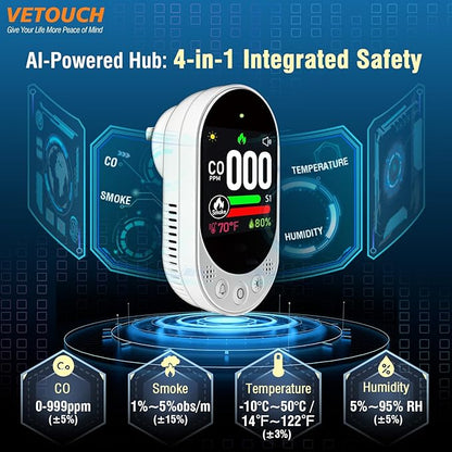 VETOUCH 4-in-1 Plug-in Smoke & Carbon Monoxide Alarms with Digital Display Monitors CO, Smoke, Temperature, Humidity, 85dB Loud Alarm, Self-Test, Adjustable Sensitivity, for Home, Kitchen, RV