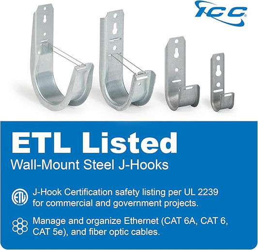 ICC 4-Inch Wall Mount J-Hook – 25-Pack, Cable Support Hooks with Retainer Clips, Galvanized Steel with Zinc Finish – for Structured Cabling and Cable Management