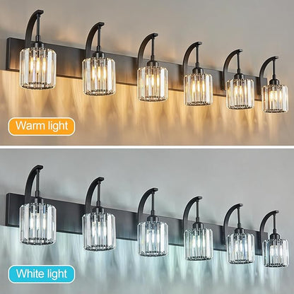 FDPBY 6-Light Crystal Vanity Light, Black Modern Wall Sconce with K9 Crystal Shades, 51.18" Long Over Mirror Lighting for Bathroom, Makeup, Hallway, Elegant & Easy Install