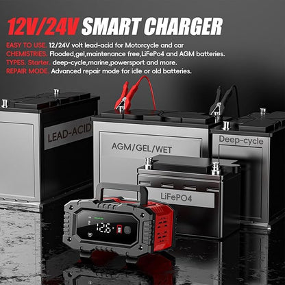 Car Battery Charger 20Amp, 12V 24V LiFePO4 Lead Acid Automatic Smart Battery Maintainer,Trickle Charger Automotive & Desulfator, Repair & Winter Mode w/Protections For AGM STD Gel Deep Cycle Batteries