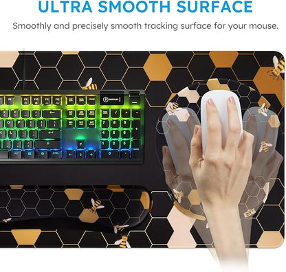 iCasso Desk Mat, Gaming Mouse Pad Wrist Support Set,4in1 XXL Large Mousepad + Keyboard Wrist Rest+Mouse Wrist Rest+Coaster Set with Ergonomic Design for Home Office Table Computer-Honeycomb