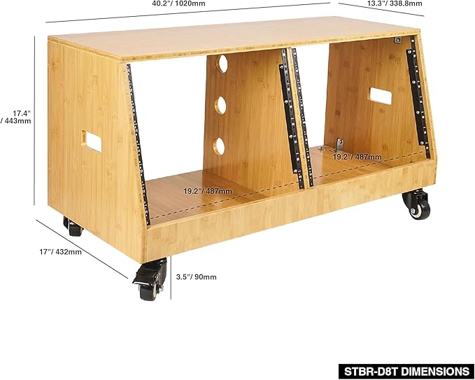 Sound Town DIY 2 x 8U Slanted Studio Rack with Solid Carbonized Bamboo, Casters, for Recording Room, Home Studio (STBR-D8T)