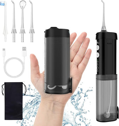 JNGOODS Mini Portable Water Flosser Oral Irrigator Water Teeth Cleaner Pick, Telescopic Water Tank, 4 Modes & IPX7 Waterproof, Home & Travel Water Flossers for Teeth, Braces Bridges Care. (Black)