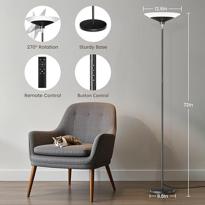 SIBRILLE RGB Torchiere Floor Lamp - 30W Dimmable LED Standing Lamp with Remote, Multi Color Changing, 72in Tall Corner Light, Bright Standing Pole Light for Office Living Room Bedroom Basement, Black