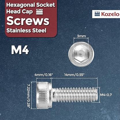 Kozelo 40pcs Socket Head Cap Screws - [M4-0.7 x 14mm] 304 Stainless Steel Allen Socket Drive for Electrical Motor 3D Printing Fan Engine Replacement Use, Silver