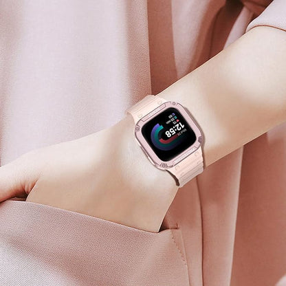 FINTIE Bands with Case Compatible with Fitbit Versa 4/3/2/1/Versa Lite/Fitbit Sense 2/Sense, Protective Case Strap Rugged Sport Band Men, Pink Sand