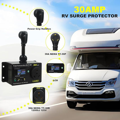 ENDMAN RV 30 Amp Surge Protector with Power Meter (kWh) - 12,000 Joules High Surge Guard - Real-Time Voltage & Amp Monitor for Travel Trailers (NEMA TT-30P)
