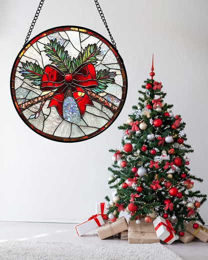 DASTOLL Stained Glass Window Hanging - Pine Branches Red Bow Suncatcher for Doors Home Christmas Decoration Silver Sun Catcher Thanksgiving New Year Birthday Gifts for Women Men Mom Nana 11.8 in