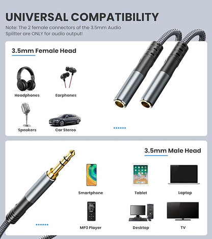 JOMLEY Headphone Splitter 3.3ft(1m), Audio Splitter 3.5mm 1 Male to 2 Female Adapter, Nylon-Braided 3.5mm Dual Headphone Jack Extension Cable for Headset, Smartphone, Tablet, Laptop
