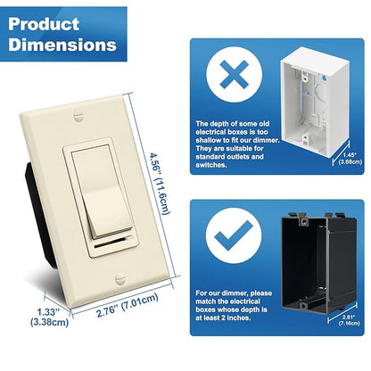 BESTTEN 10 Pack Almond Dimmer Light Switch, 3 Way or Single Pole Dimmer Switches, for Dimmable LED, Halogen and Incandescent Bulbs, 120V, Decorator Wall Plate Included, UL Listed