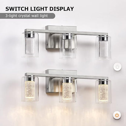 SADENICEL Brushed Nickel Vanity Lights, 3-Light Bathroom Light Fixtures, Crystal LED Bathroom Lights Dimmable White/Neutral/Warm Light with Clear Glass Shade for Bathroom Bedroom Hallway Lighting