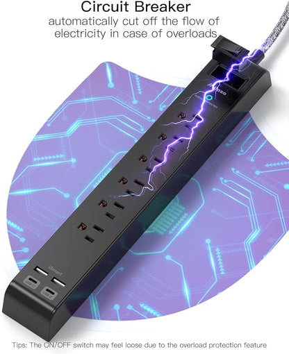 2 Pack Surge Protector Power Strip - 6 Outlets 4 USB Charging Ports, 5Ft Braided Extension Cord, Slim Flat Plug, Overload Protection, Wall Mount for Home Office, Dorm Room Essentials