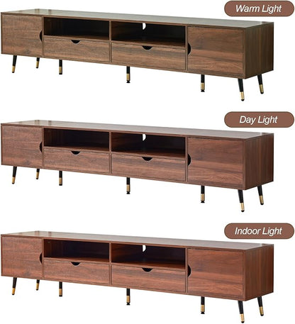 siu want Mid-Century Modern TV Stand for TVs up to 85 Inch, 78.7'' Walnut Wood Media Console with Drawers & Open Storage, Solid Wood Legs, Low Profile Entertainment Center for Living Room