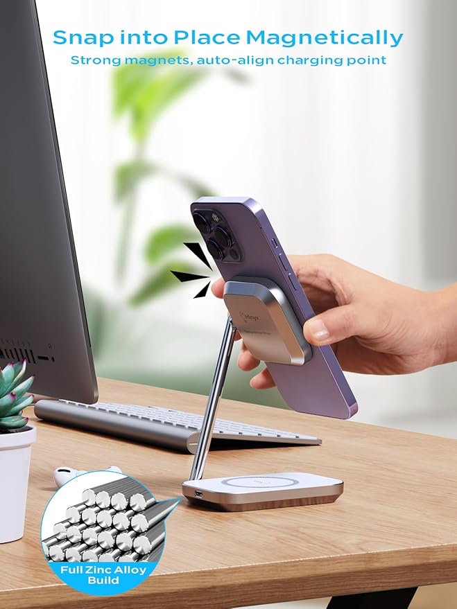 2-in-1 Magsafe Charger Stand, Zinc Alloy Foldable Magnetic Wireless Charger, 20W Portable Fast Wireless Charging Station for iPhone 15/14/13/12 Series, AirPods 3/Pro/2