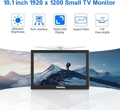 Suprlipy 10 inch FHD Small IPS Monitor LCD Display Screen 1920x1200 60Hz 16:10 with BNC VGA AV Input Built-in Lounspeakers for CCTV Security Camera DVR PC STB Game Console