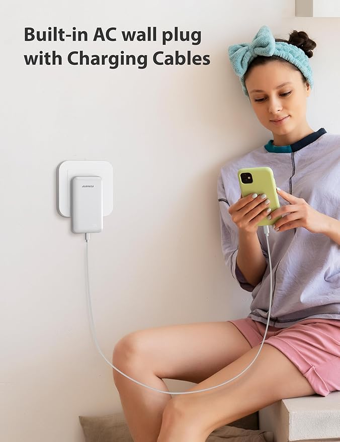 Alongza Portable Charger Built-in Cables and AC Wall Plug, Slim Fast Charging Power Bank 10000mAh, Lightweight USB C External Battery Pack Compact Travel Cell Phone Charger