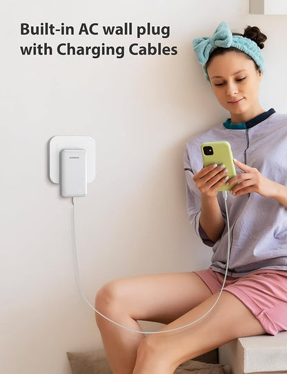 Alongza Portable Charger Built-in Cables and AC Wall Plug, Slim Fast Charging Power Bank 10000mAh, Lightweight USB C External Battery Pack Compact Travel Cell Phone Charger