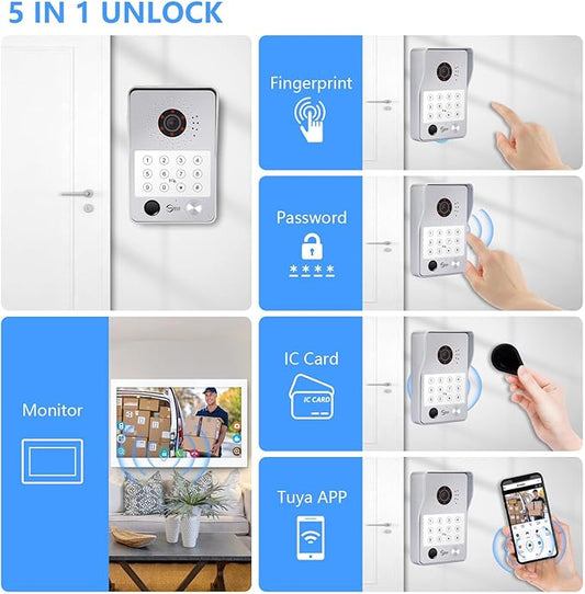 Wired Video Door Phone Apartment Intercom System,7 Inch Touch Monitor with 1080P HD Camera Doorbell,Supporting 5 in 1 Unlocking,Minitoring Motion Detecting for Home Villa,Tuya (2 doorbell + 4 monitor)