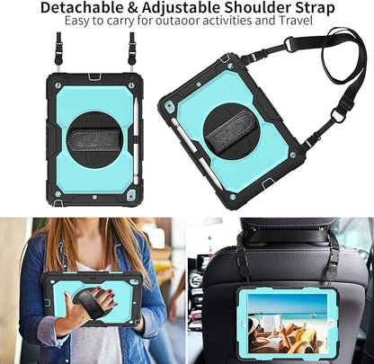 BLOSOMEET Case for iPad 9th/8th Generation 2021/2020 10.2 Inch with Tempered Glass Screen Protector & Pencil Holder,Rugged Kids iPad 7th Gen 10.2 Case 2019 Cover w/Stand Hand Shoulder Strap,SkyBlue