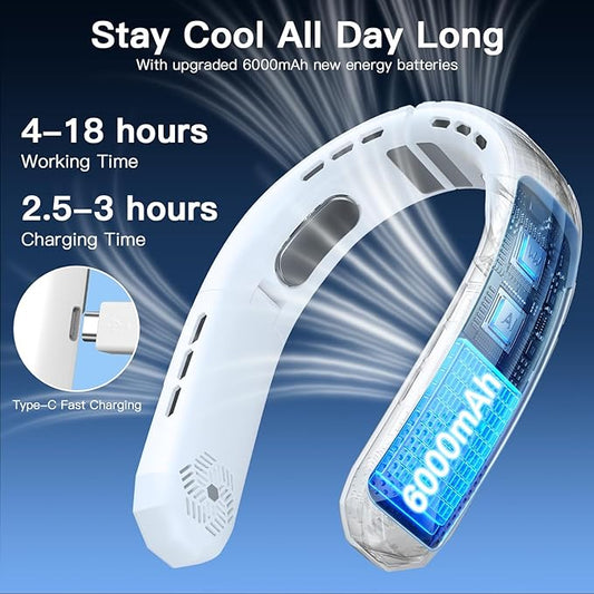 WXX Portable Neck Fan, 6000mAh Battery Neck Fan Rechargeable 360° Cooling Personal Fan 3 Speeds Foldable Quiet Wearable Fan for Travel Outdoor Indoor, Birthday Gifts for Men Women Grey